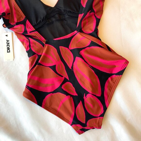 DKNY Flutter Sleeve One Piece Shirred Swimsuit Women's Small S Multicolor NWT - Picture 7 of 9